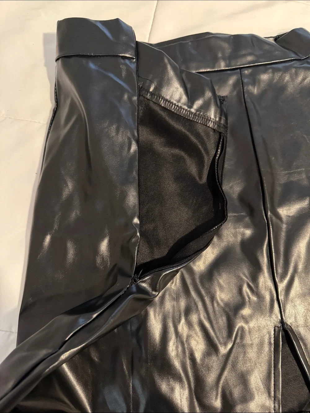 Black Faux Leather Mini Skirt with Front Slit - Women